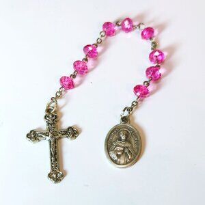St. Thomas Aquinas Chaplet Rosary With Pink 5mm Beads & Silver Metal Cross Italy